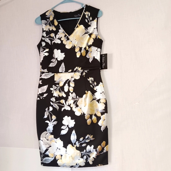 NWT metallic floral print dress stretch Women's black,Full Zip, Party Cocktail. - Picture 6 of 17